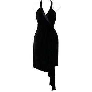 Vtg 90s Y2K Cache Ruched Halter Asymmetric Blk Dress Plunging Sexy Drape Front 2